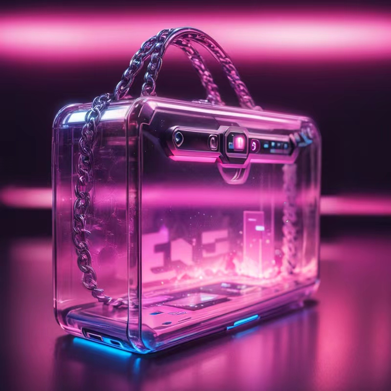 A clear plastic bag with a chain on it

Description automatically generated