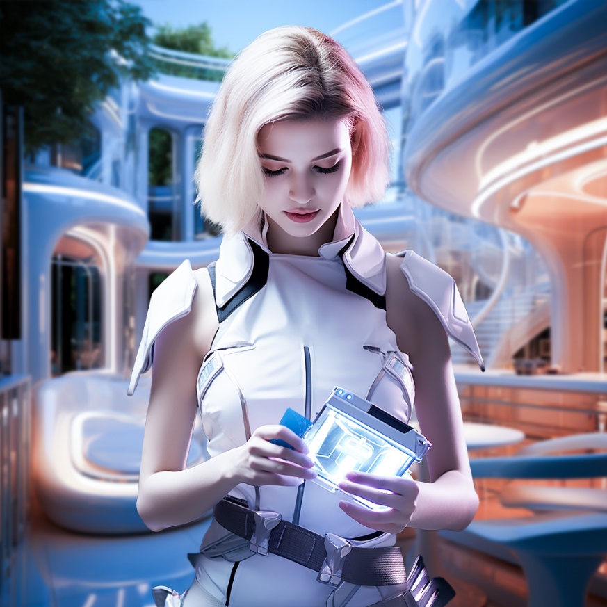 A person in a futuristic outfit

Description automatically generated